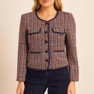 Soaked in Luxury Navy & Tan Tweed Blazer Bouclé Cropped Shoulder Pad Jacket Sz 6